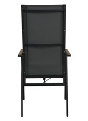 Rückansicht eines schwarzen Stapelstuhls mit Metallrahmen und Armlehnen.