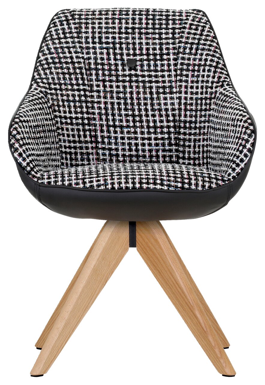 Vorderansicht eines stilvollen Armlehnstuhls mit gemustertem Stoffbezug und Holzbeinen.