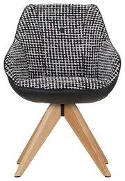 Vorderansicht eines stilvollen Armlehnstuhls mit gemustertem Stoffbezug und Holzbeinen.