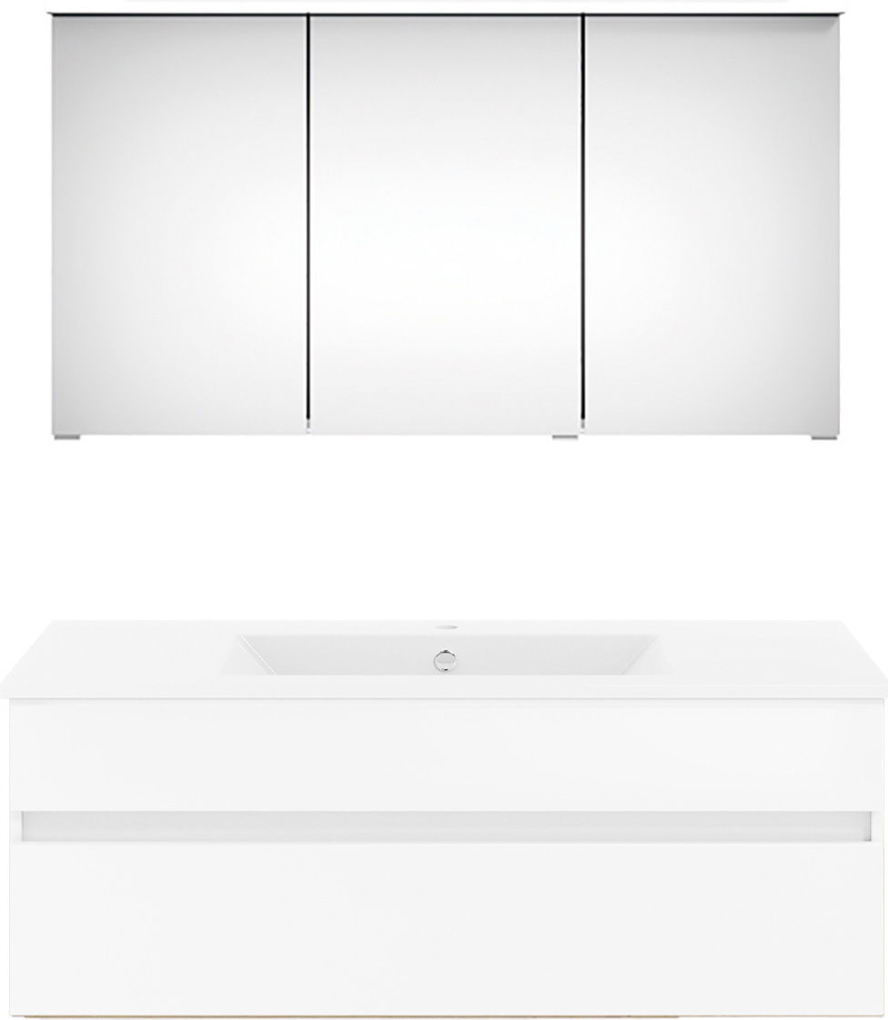 Frontansicht einer modernen weißen Badkombination mit Spiegelschrank und Waschbeckenunterschrank.