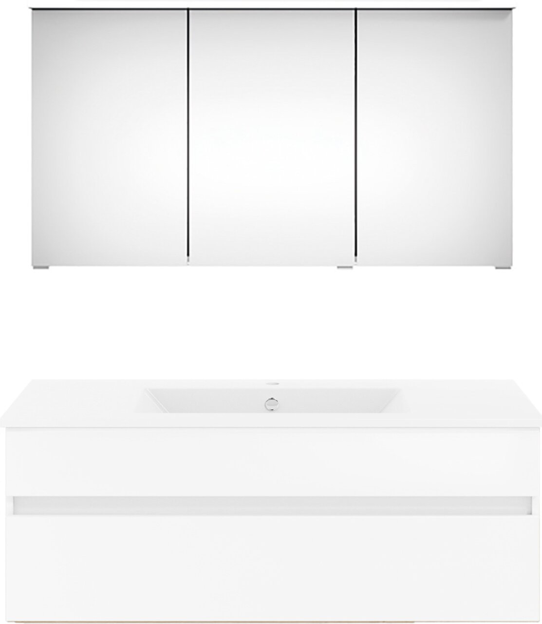 Vooraanzicht van een moderne witte badkamercombinatie met spiegelkast en wastafelonderkast.