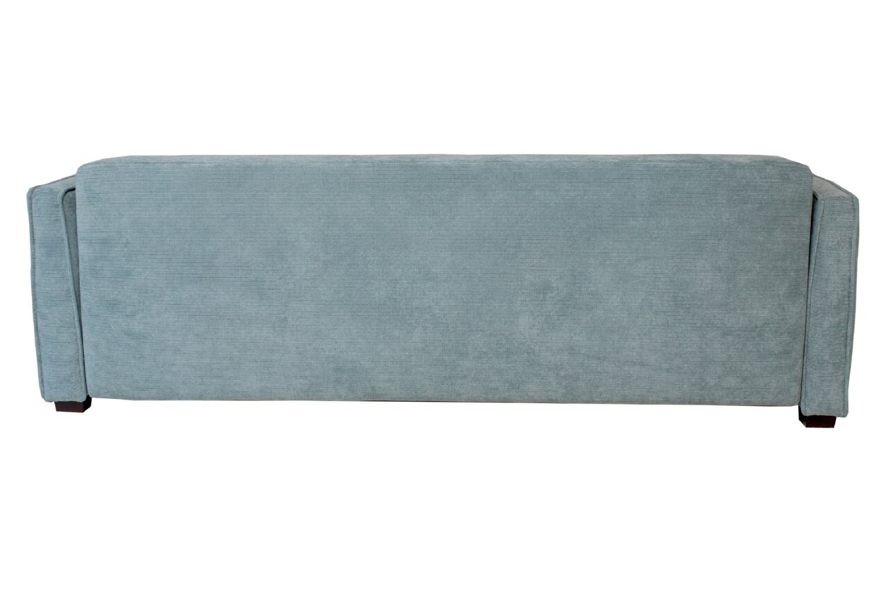 Rückansicht eines blauen Funktionssofas mit Armlehnen.