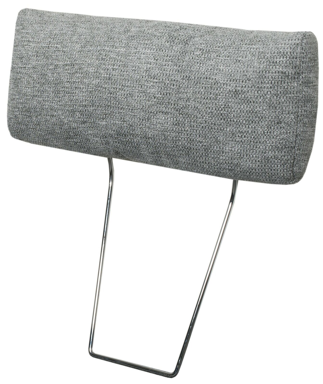 Graue Kopfstütze mit Metallgestell, seitliche Perspektive