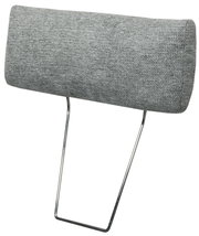 Graue Kopfstütze mit Metallgestell, seitliche Perspektive