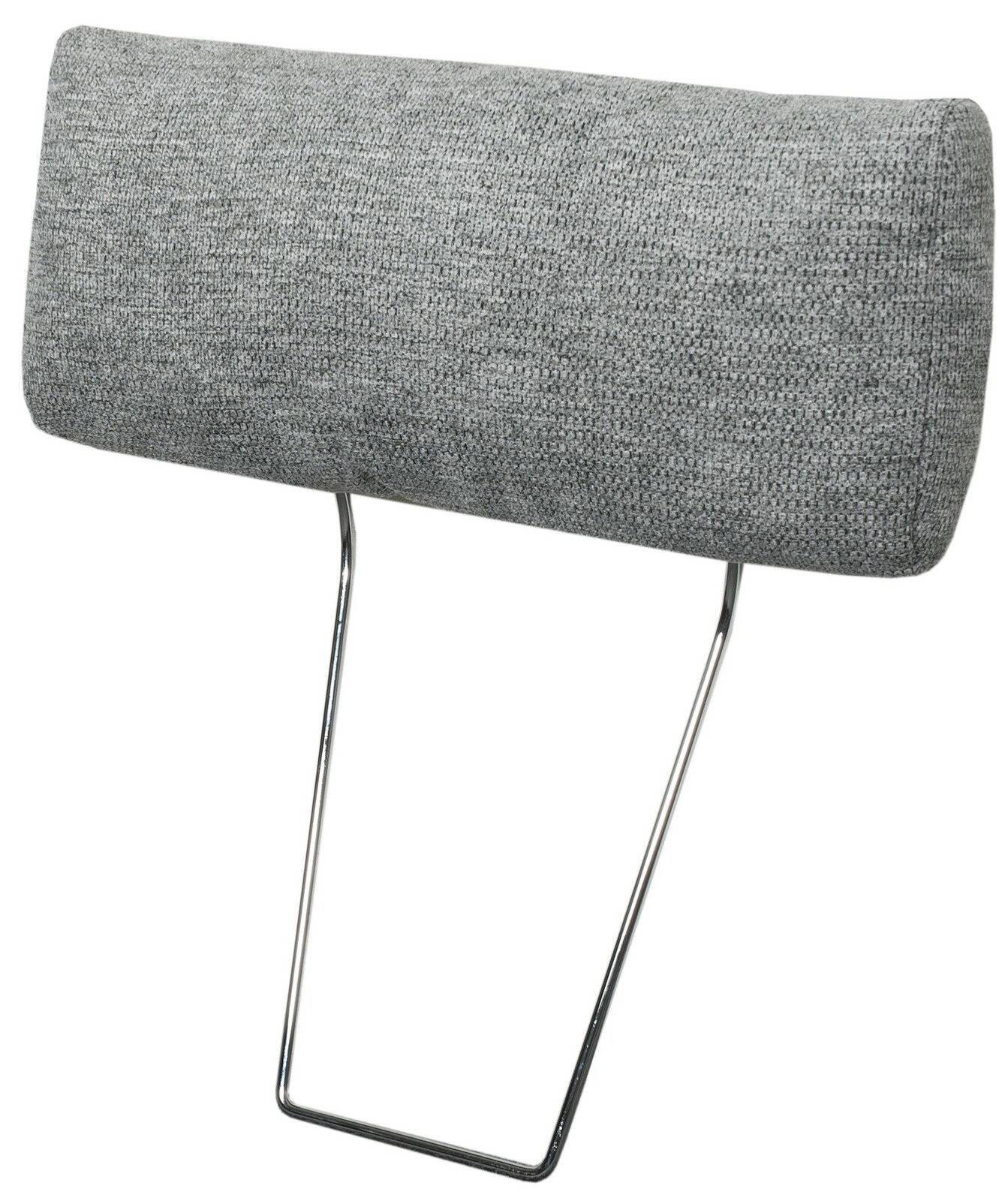 Graue Kopfstütze mit Metallgestell, seitliche Perspektive