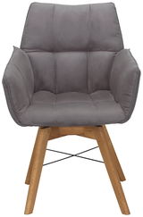 Grauer Armlehnenstuhl mit gepolsterter Sitzfläche und Holzbeinen, Vorderansicht