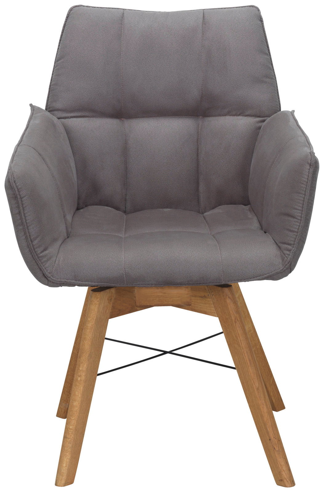 Grauer Armlehnenstuhl mit gepolsterter Sitzfläche und Holzbeinen, Vorderansicht