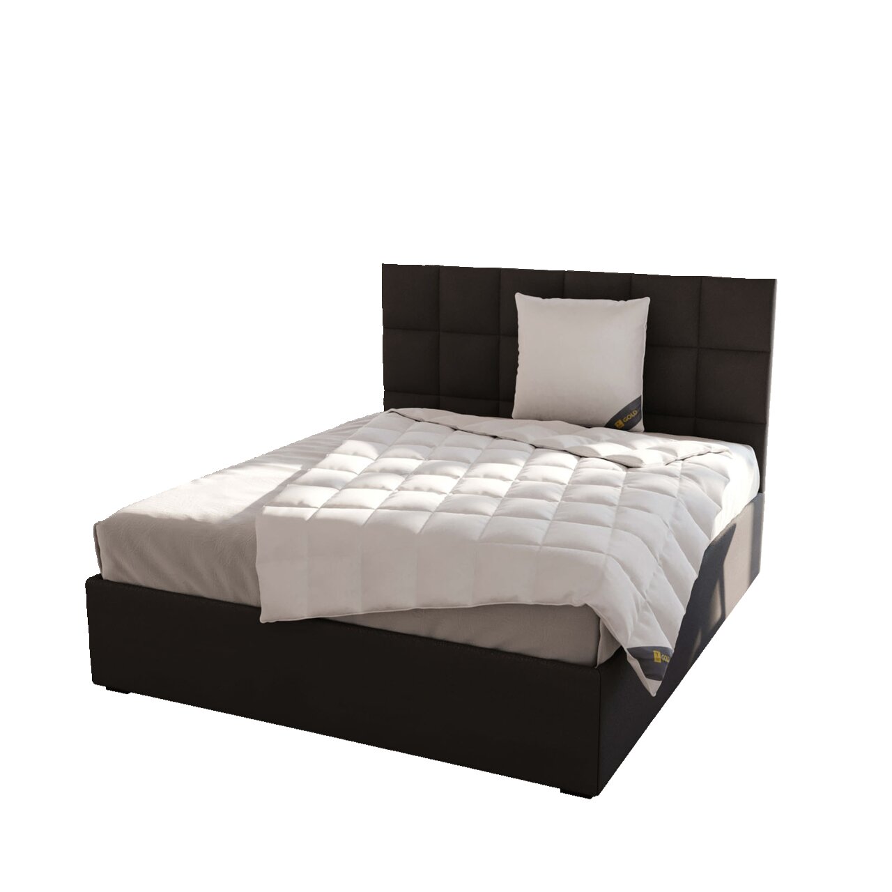 Gemütliches Schlafzimmer mit einem stilvollen, schwarzen Bett und einer weißen Sommerdecke. Die Decke ist elegant auf dem Bett drapiert, umgeben von natürlichem Licht und moderner Dekoration.