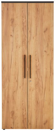 Frontansicht eines breiten Aktenschranks mit Holzoptik und zwei Türen mit langen Griffen.