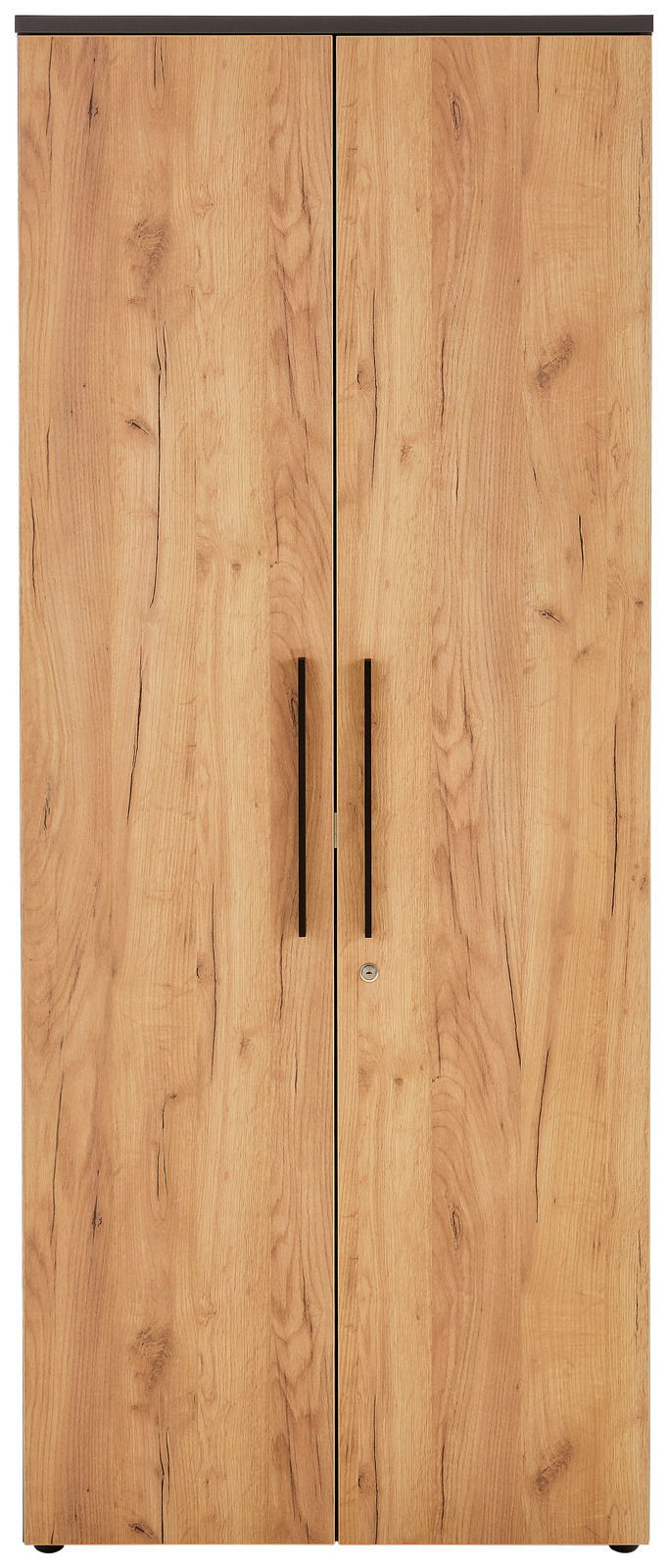 Frontansicht eines breiten Aktenschranks mit Holzoptik und zwei Türen mit langen Griffen.