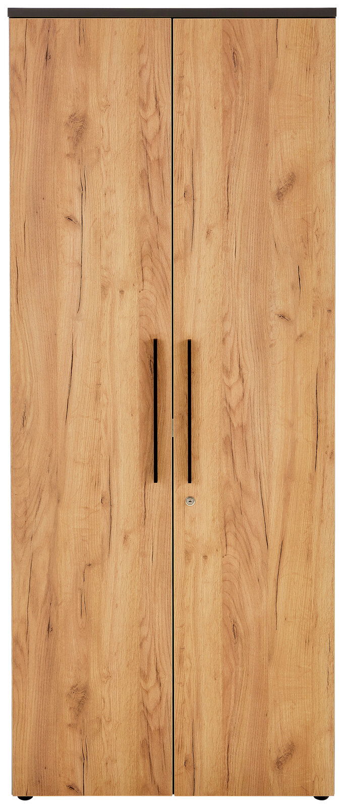 Frontansicht eines breiten Aktenschranks mit Holzoptik und zwei Türen mit langen Griffen.