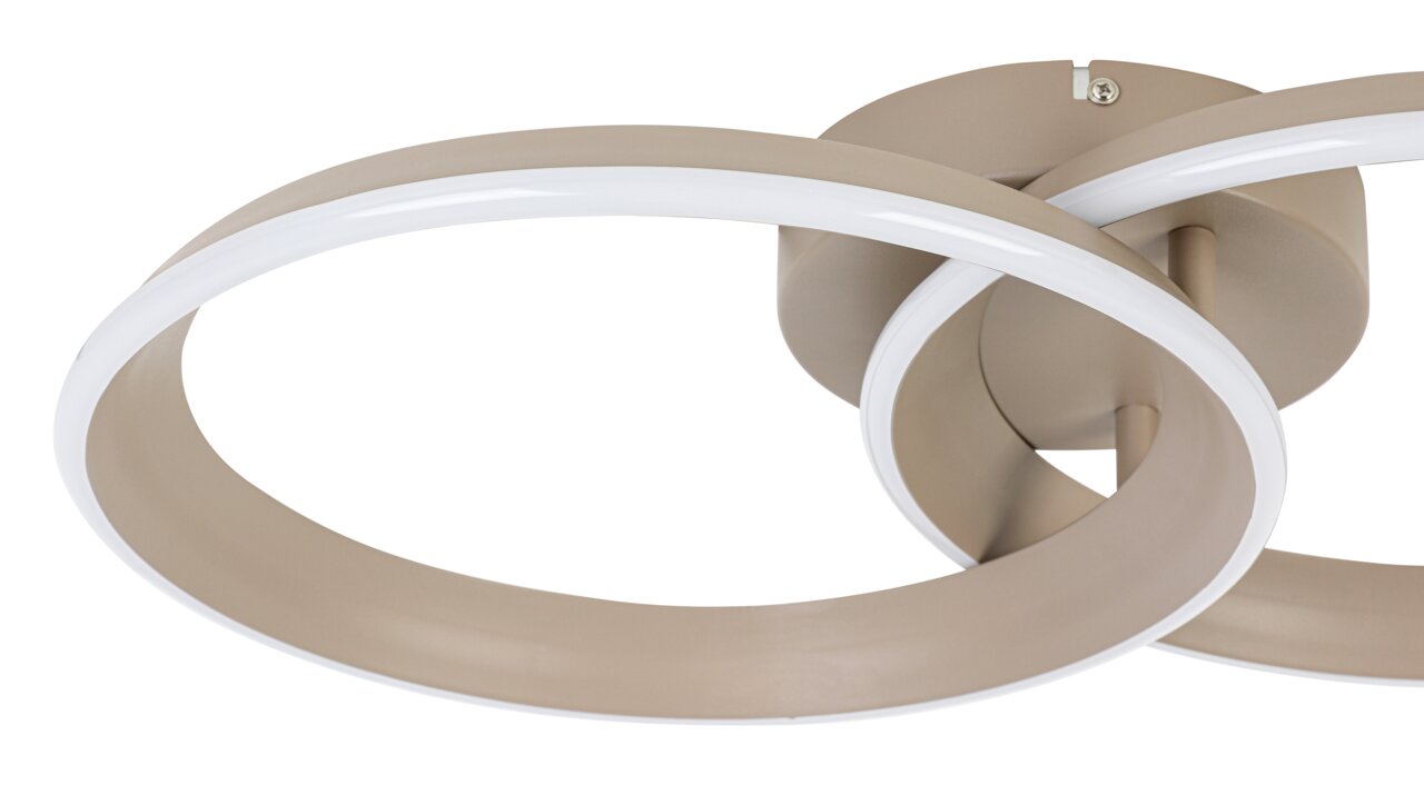 Moderne led-plafondlamp met een gebogen vormgeving, gezien vanaf de zijkant