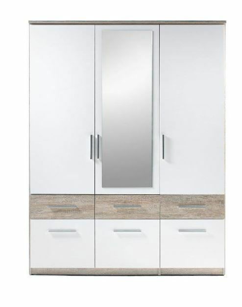 Z2 Drehtürenschrank 3-türig BOX Drehtürenschrank 3-türig mit Spiegel in der Mitte, weiße Fronten und Holzoptik-Elemente, Frontalansicht