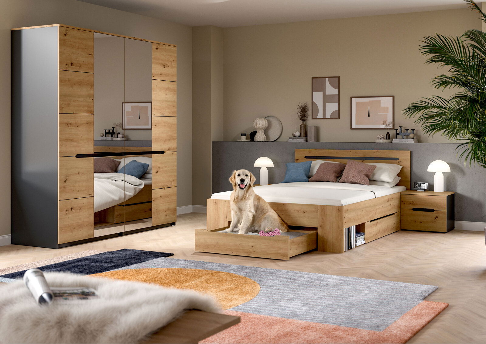 Modernes Schlafzimmer-Set in Eiche-Optik mit Bett inklusive Schubladen, Nachttisch und Kleiderschrank mit Spiegeltüren, fotografiert in frontaler Raumansicht aus leicht erhöhter Perspektive