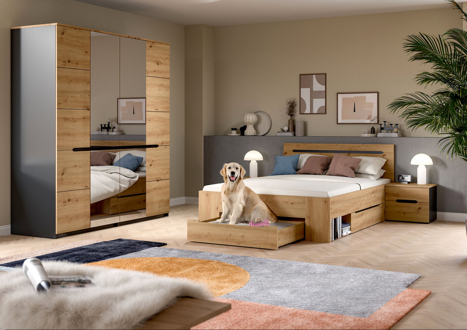 Modernes Schlafzimmer-Set in Eiche-Optik mit Bett inklusive Schubladen, Nachttisch und Kleiderschrank mit Spiegeltüren, fotografiert in frontaler Raumansicht aus leicht erhöhter Perspektive