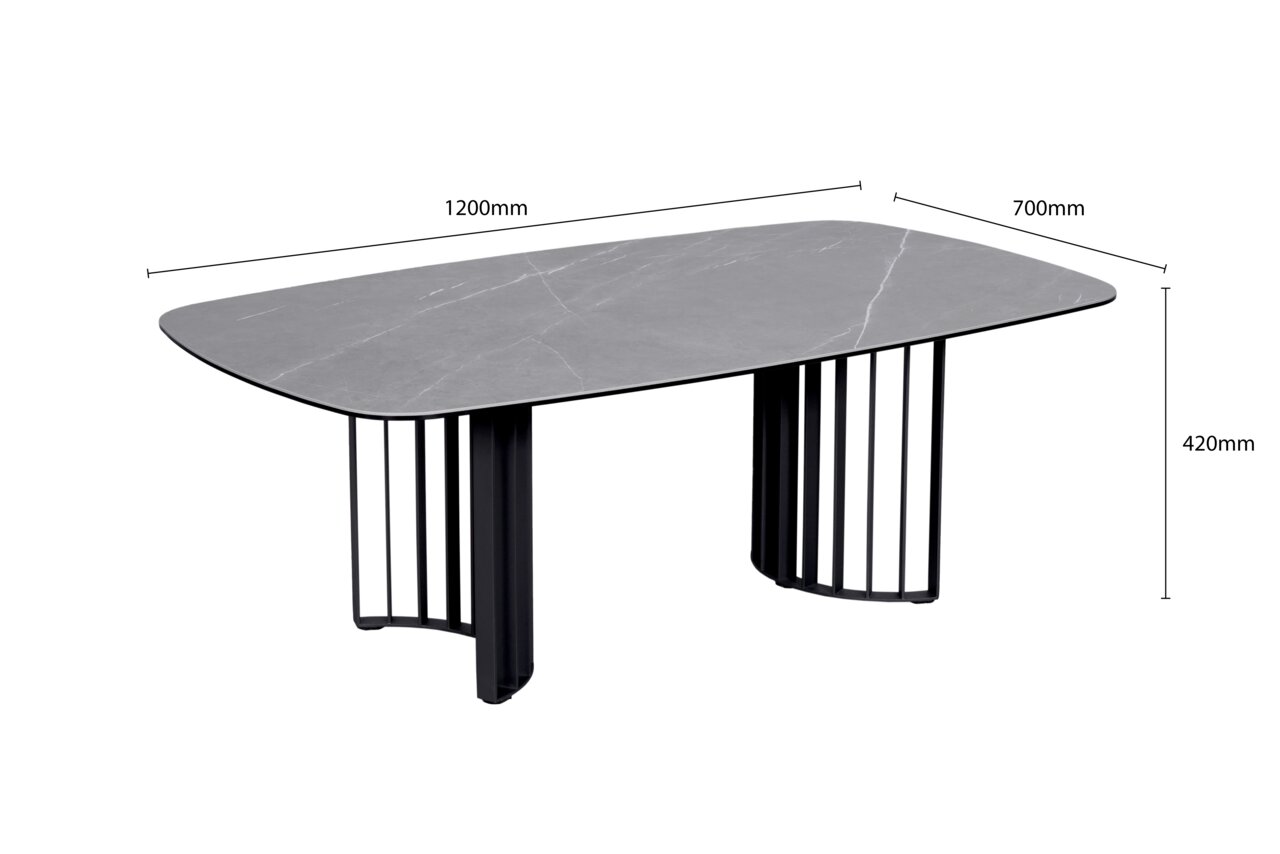 Moderner Couchtisch mit grauer Tischplatte und schwarzen Metallbeinen, seitliche Perspektive