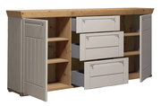 Sideboard aus Holz mit zwei offenen Türen und drei Schubladen, seitliche Perspektive