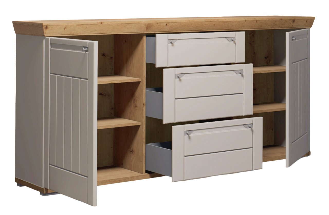 Sideboard aus Holz mit zwei offenen Türen und drei Schubladen, seitliche Perspektive