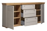 Sideboard aus Holz mit zwei offenen Türen und drei Schubladen, seitliche Perspektive