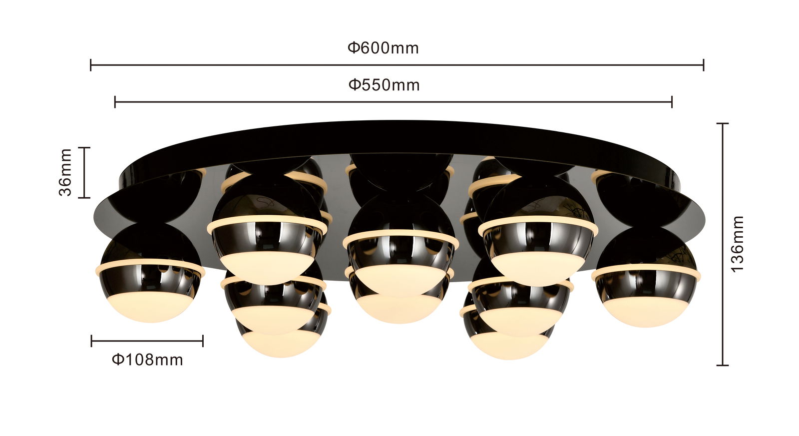 Moderne LED-Deckenleuchte mit mehreren kugelförmigen Leuchten, seitliche Perspektive