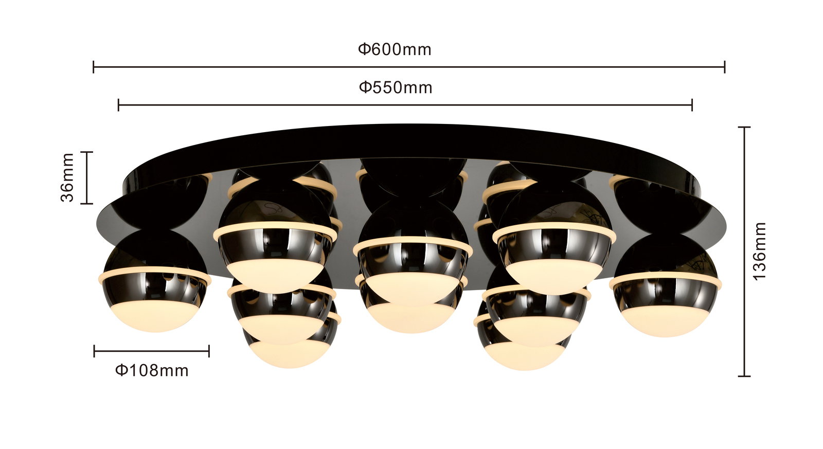 Moderne LED-Deckenleuchte mit mehreren kugelförmigen Leuchten, seitliche Perspektive