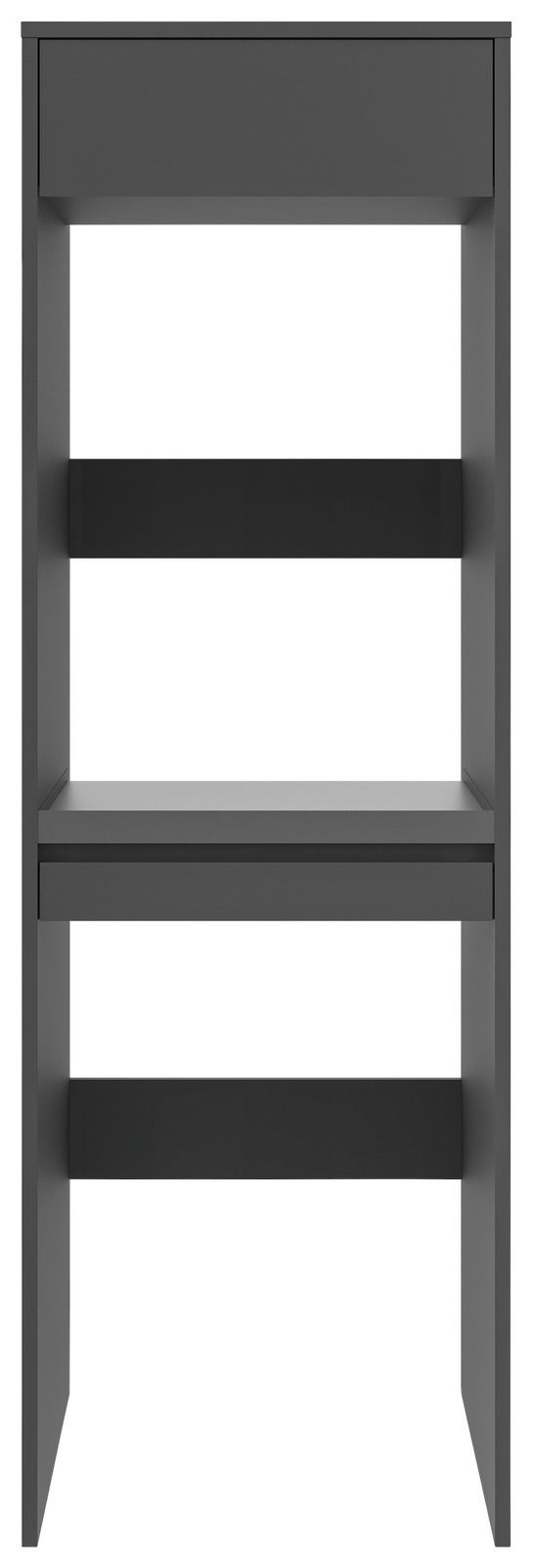 Frontansicht eines grauen Doppel-Waschmaschinenschranks mit zwei Ablageflächen.