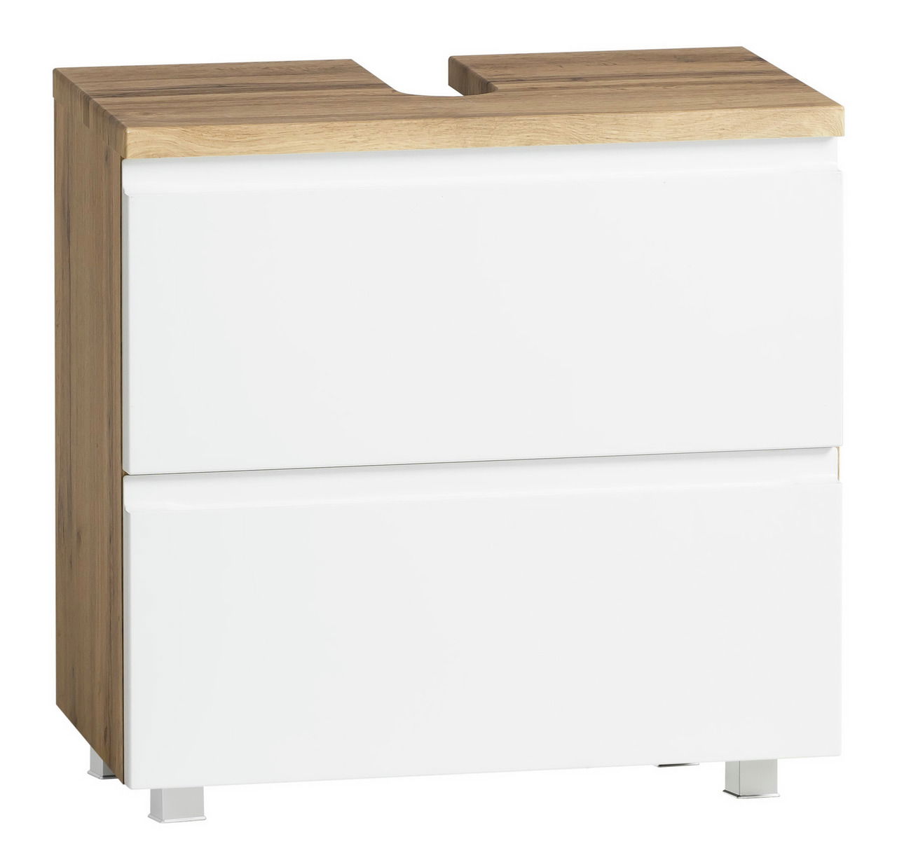 Waschbeckenunterschrank in Holzoptik mit weißen Fronten, frontal betrachtet