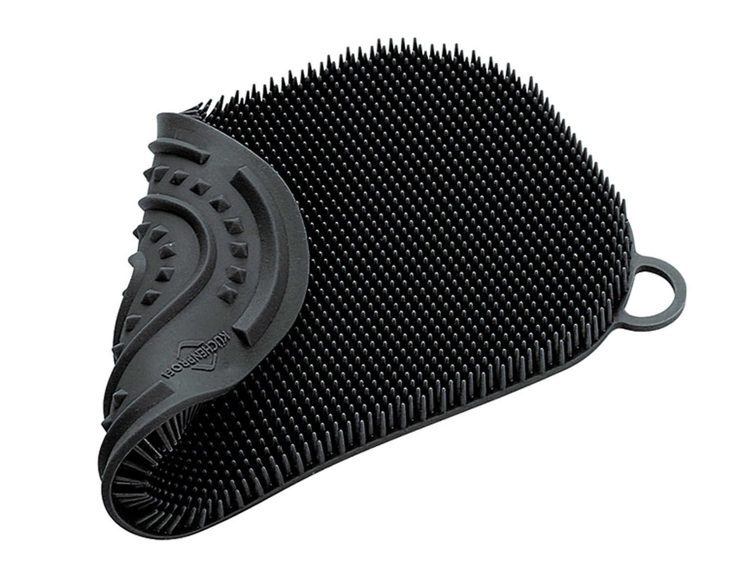 Schwarzer Silikonschwamm mit Noppenstruktur, seitliche Perspektive