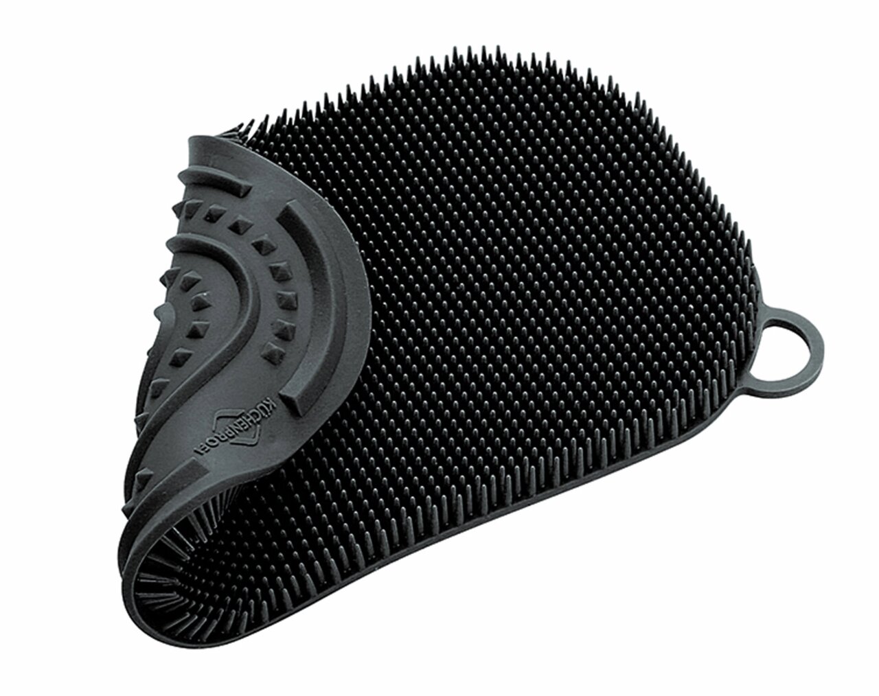 Schwarzer Silikonschwamm mit Noppenstruktur, seitliche Perspektive