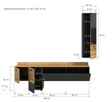 Wohnwand mit Holz- und Schwarzelementen, bestehend aus einem langen, niedrigen Schrank mit mehreren Fächern und einem hohen, schmalen Schrank mit Türen, aus der Frontansicht.