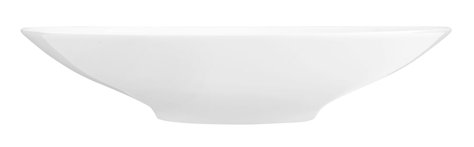 Seitliche Ansicht eines weißen Pasta- und Salattellers mit einem Durchmesser von 26 cm.