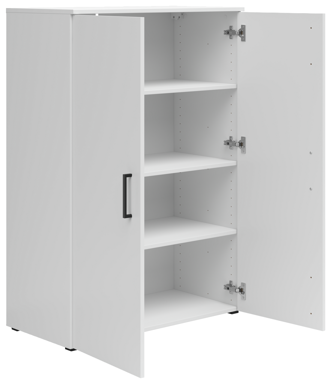 Weiße Kommode mit zwei geöffneten Türen und drei Einlegeböden, seitliche Perspektive