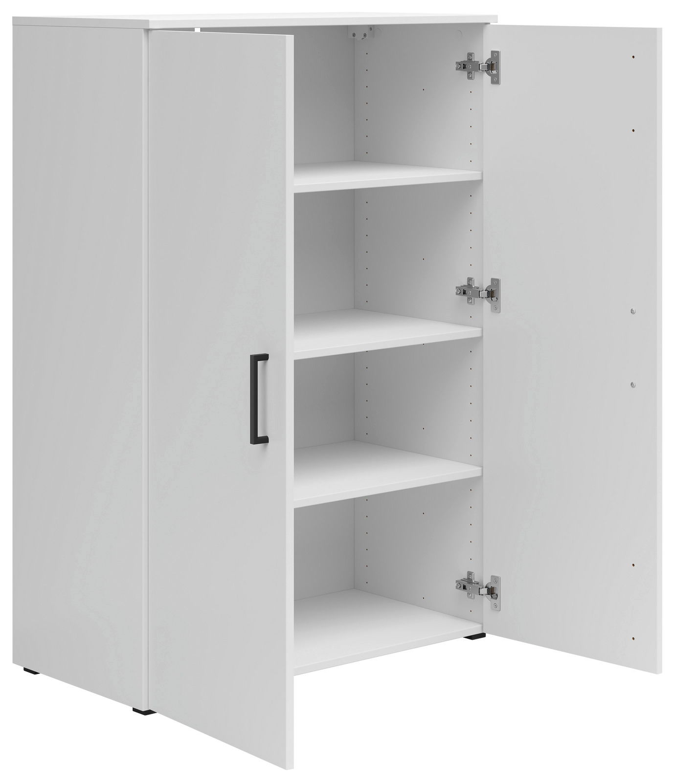 Weiße Kommode mit zwei geöffneten Türen und drei Einlegeböden, seitliche Perspektive