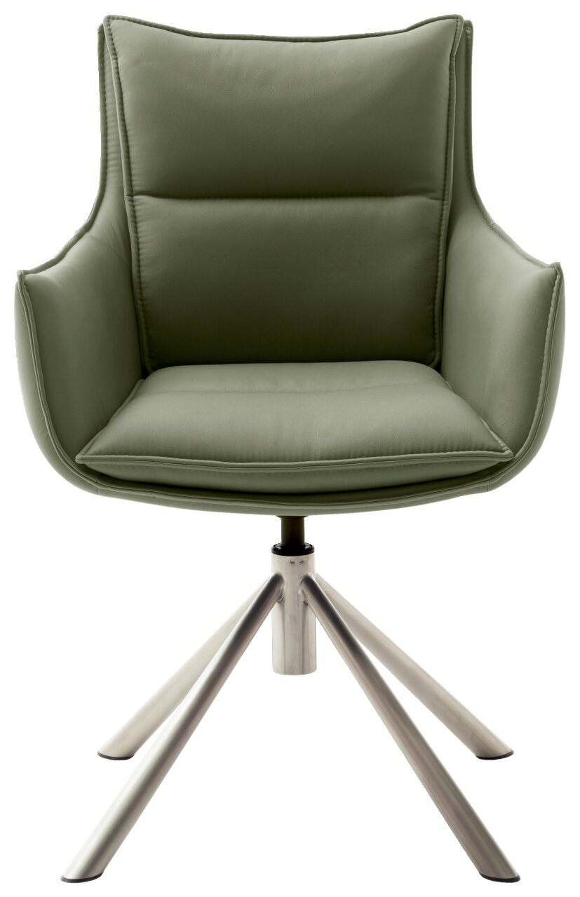 Grüner Sessel mit gepolstertem Sitz und Rückenlehne, auf einem Metallgestell mit vier Beinen, Frontalansicht.