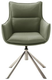 Grüner Sessel mit gepolstertem Sitz und Rückenlehne, auf einem Metallgestell mit vier Beinen, Frontalansicht.