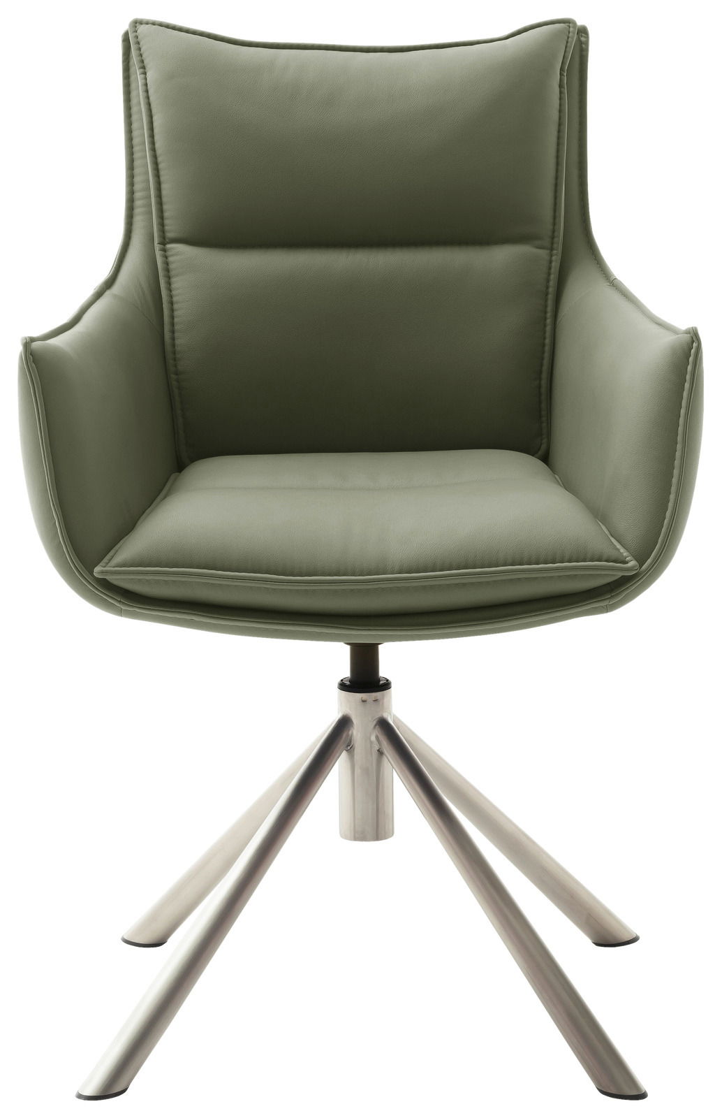 Grüner Sessel mit gepolstertem Sitz und Rückenlehne, auf einem Metallgestell mit vier Beinen, Frontalansicht.