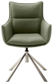 Grüner Sessel mit gepolstertem Sitz und Rückenlehne, auf einem Metallgestell mit vier Beinen, Frontalansicht.