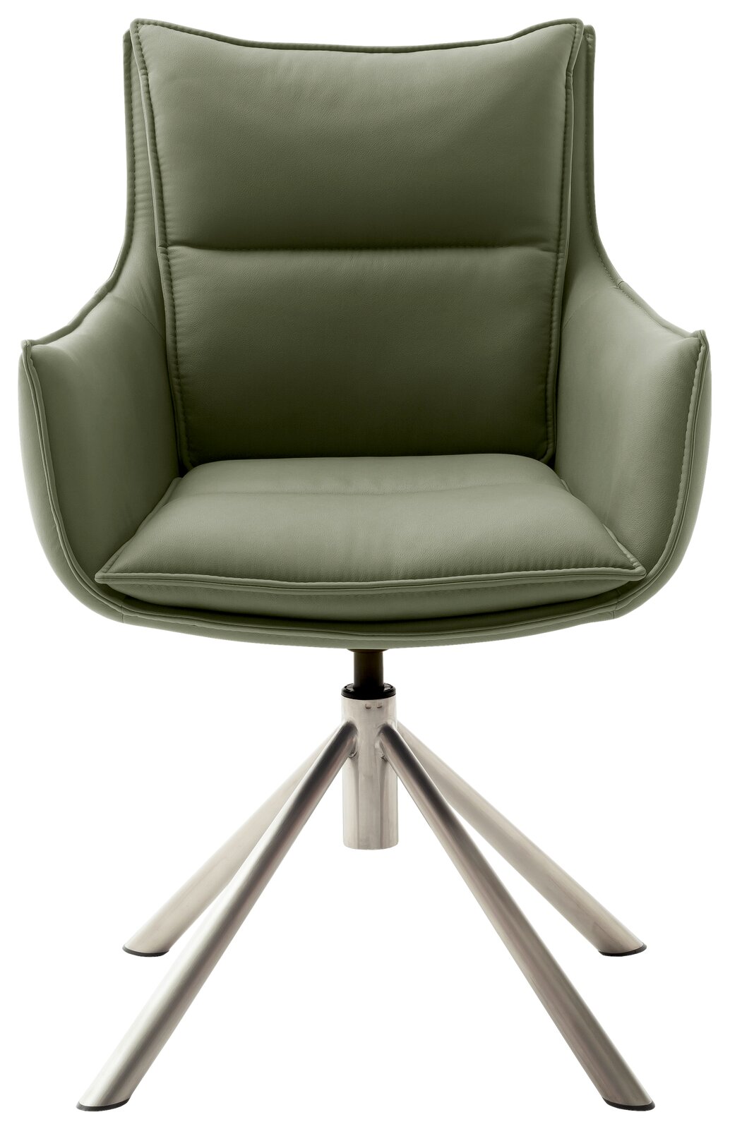 Grüner Sessel mit gepolstertem Sitz und Rückenlehne, auf einem Metallgestell mit vier Beinen, Frontalansicht.