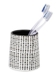 Zahnputzbecher in schwarz-weißem Punktmuster mit zwei Zahnbürsten, seitliche Perspektive