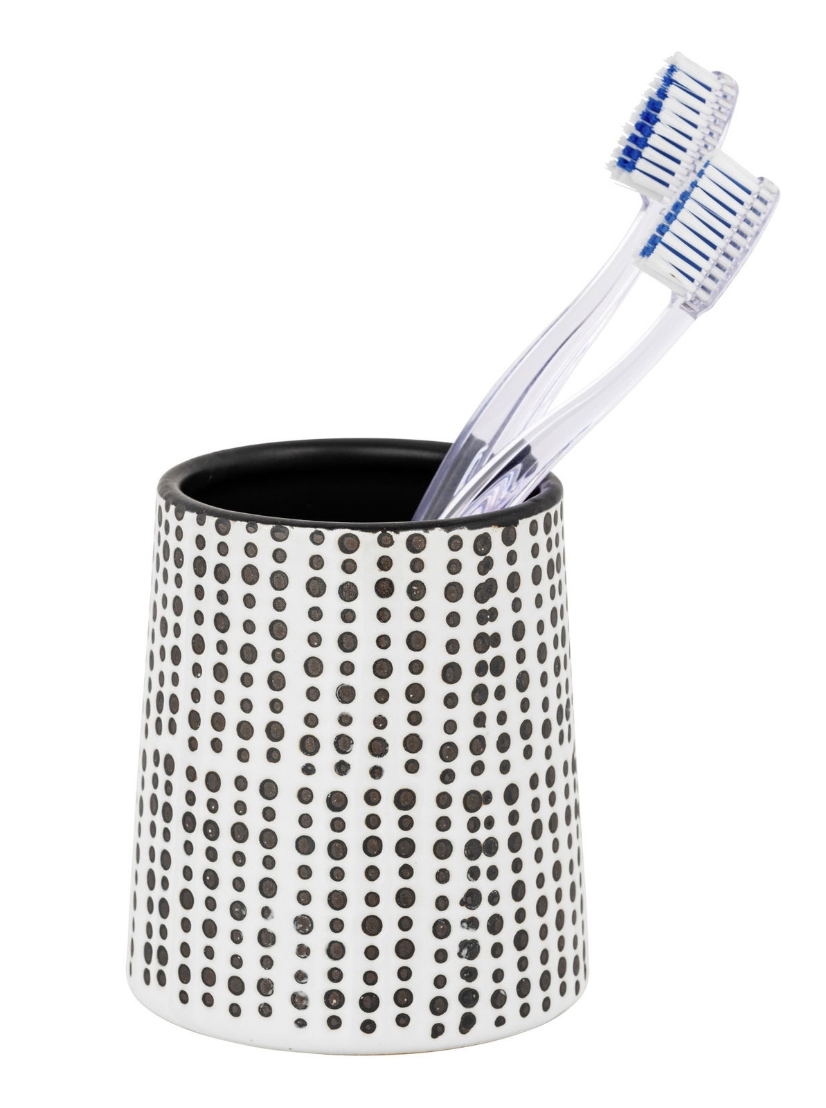 Zahnputzbecher in schwarz-weißem Punktmuster mit zwei Zahnbürsten, seitliche Perspektive