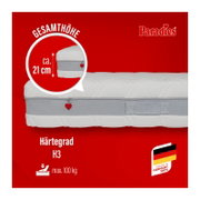 Weiße Matratze von Paradies mit grauem Klimaband und Reißverschluss, Seitenansicht; Gesamthöhe ca. 21 cm, Härtegrad H3, bis max. 100 kg, Made in Germany auf rotem Hintergrund.