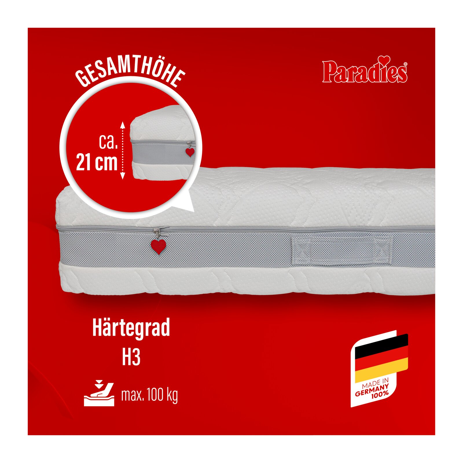 Weiße Matratze von Paradies mit grauem Klimaband und Reißverschluss, Seitenansicht; Gesamthöhe ca. 21 cm, Härtegrad H3, bis max. 100 kg, Made in Germany auf rotem Hintergrund.