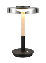 Moderne Tischleuchte Celeste mit rundem Schirm und Holz-Metall-Gestell, seitliche Perspektive