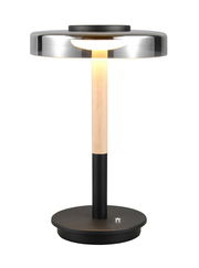 Moderne Tischleuchte Celeste mit rundem Schirm und Holz-Metall-Gestell, seitliche Perspektive