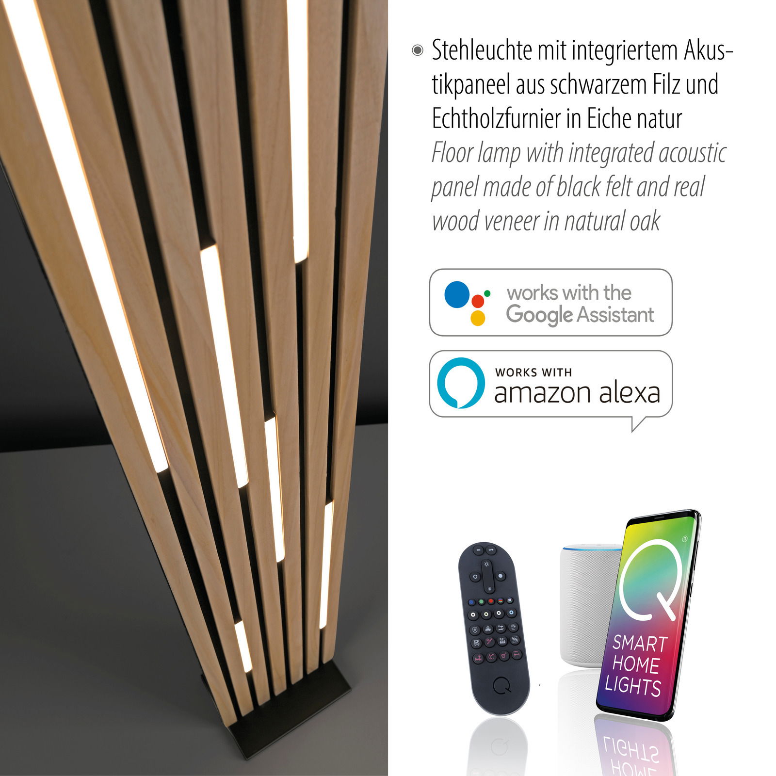 LED-Stehleuchte mit integriertem Akustikpanel aus schwarzem Filz und Echtholzfurnier in Eiche natur, kompatibel mit Google Assistant und Amazon Alexa, Perspektive von oben