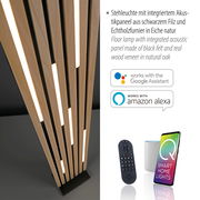 LED-Stehleuchte mit integriertem Akustikpanel aus schwarzem Filz und Echtholzfurnier in Eiche natur, kompatibel mit Google Assistant und Amazon Alexa, Perspektive von oben
