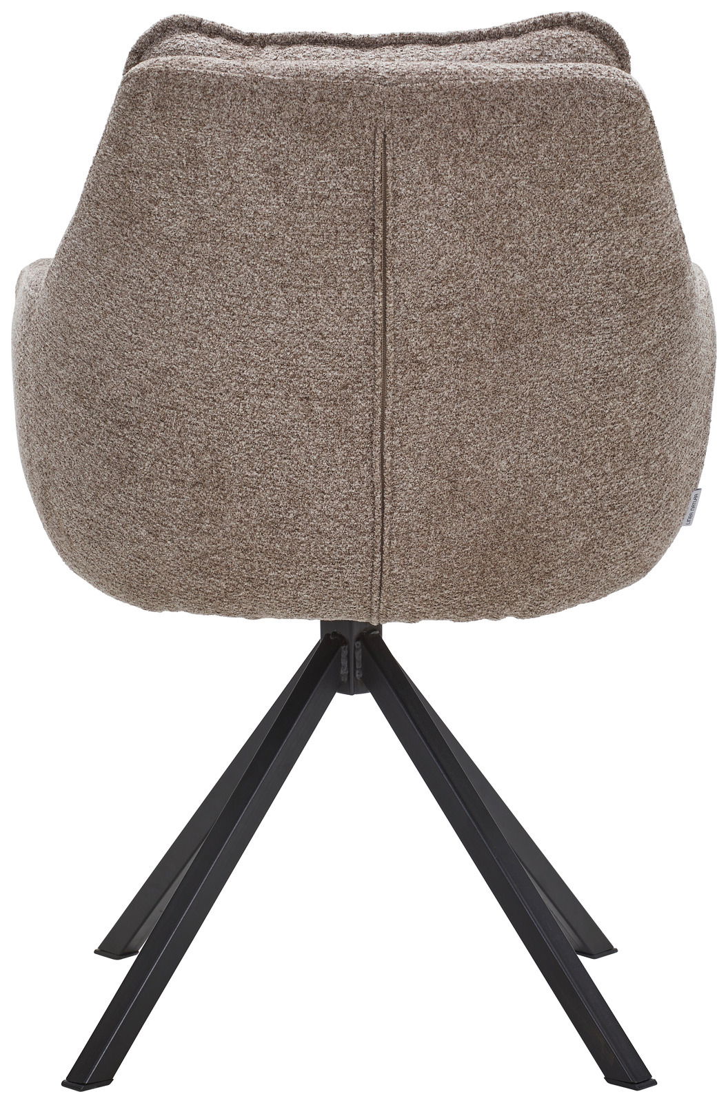 Rückansicht eines Armlehnstuhls mit braunem Stoffbezug und schwarzem Metallgestell.