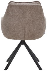 Rückansicht eines Armlehnstuhls mit braunem Stoffbezug und schwarzem Metallgestell.