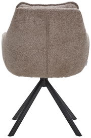 Rückansicht eines Armlehnstuhls mit braunem Stoffbezug und schwarzem Metallgestell.