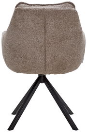 Rückansicht eines Armlehnstuhls mit braunem Stoffbezug und schwarzem Metallgestell.